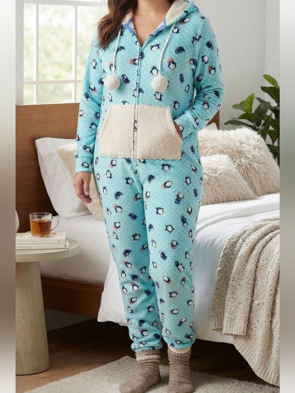 Cozy Hooded Penguin Print Fleece Onesie Pajamas Jumpsuit Loungewear Large